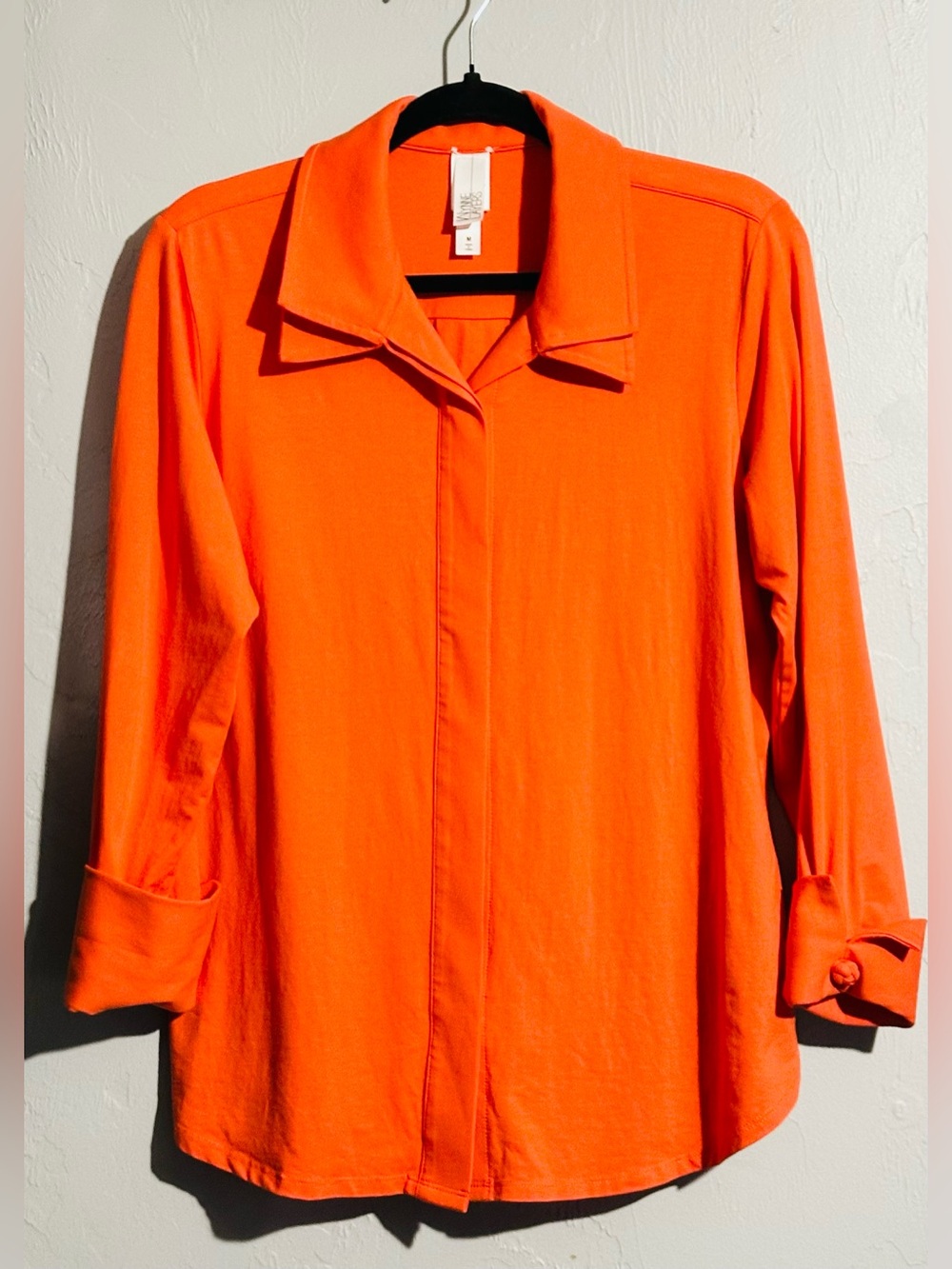 NWOT WynneLayers Vibrant Orange Lagenlook Button-Up Blouse Double Collar Tunic